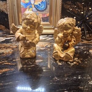 BEAUTIFUL SET OF 2 Gold Angel Figurines CANDLE  HOLDERS